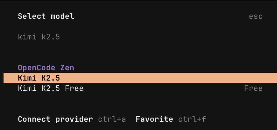 OpenCode agent running Kimi K2.5
